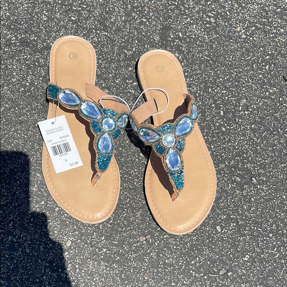 Elegant Beaded Sandals - Tan and Blue